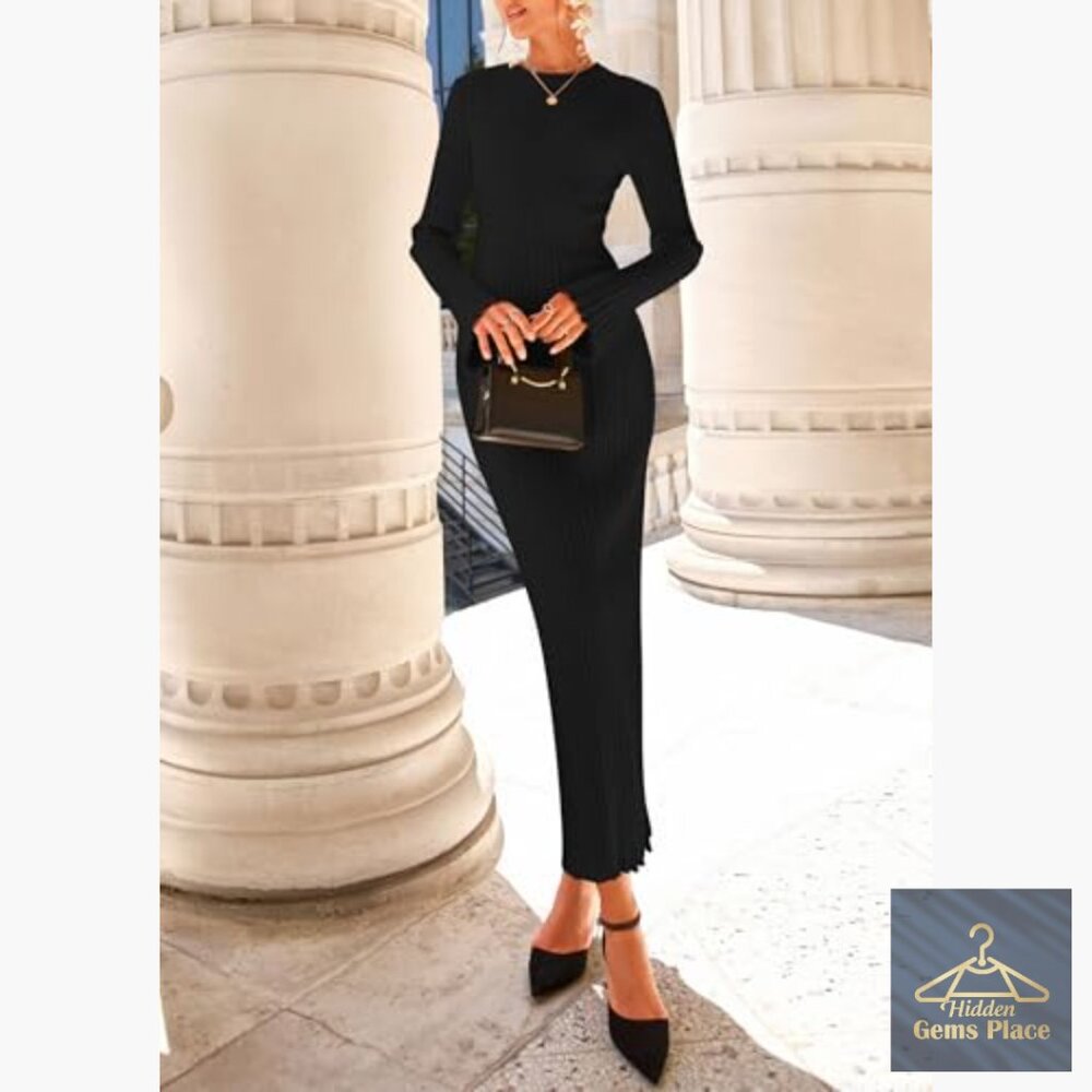 Long Sleeve Bodycon Maxi Dress Ribbed Knit Bell Sleeve Crew Neck - Picture 5 of 7